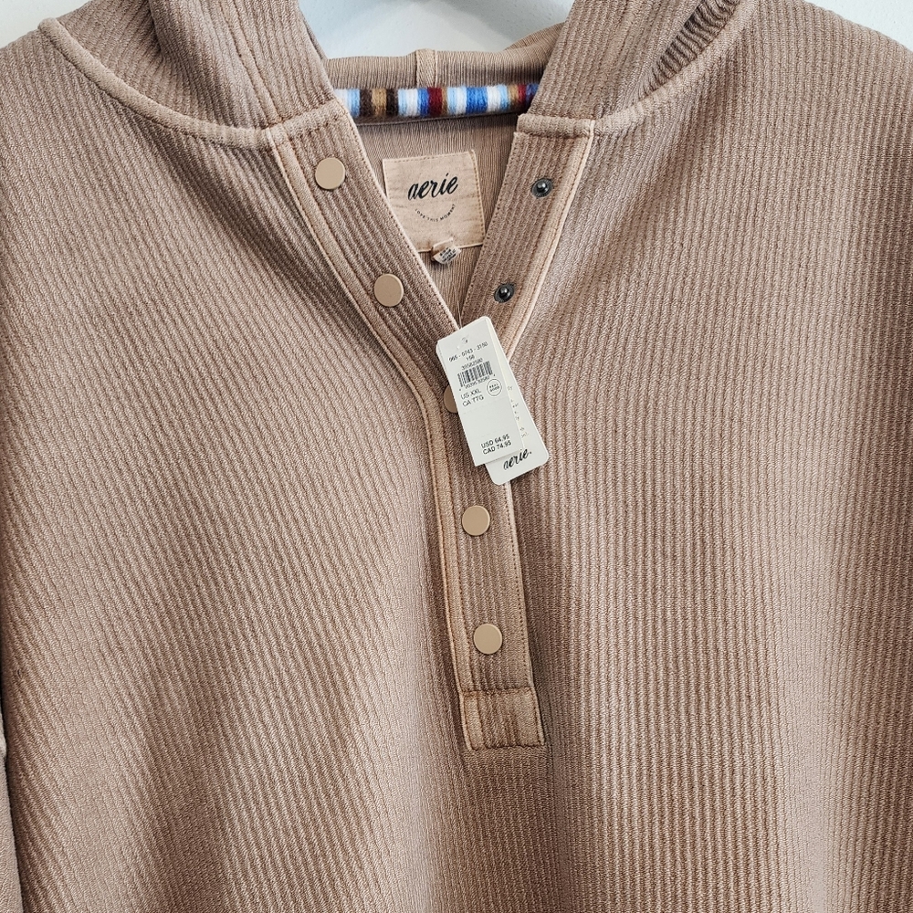 NWT Aerie Ribbed Oh Snap Henley Hoodie Stone Harbor Tan Oversized XXL - Picture 5 of 11